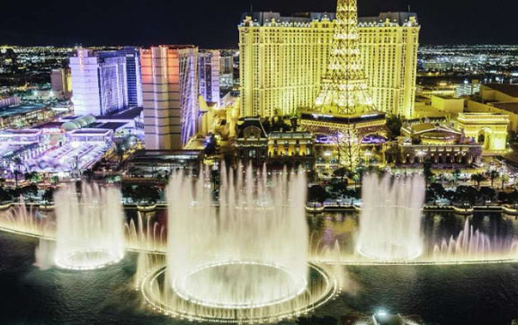 An aerial view of the Bellagio's famous music fountains in Las Vegas, USA.