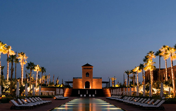 The pool area at sunset at the luxurious accommodation, Selman in Marrakech, Morroco.